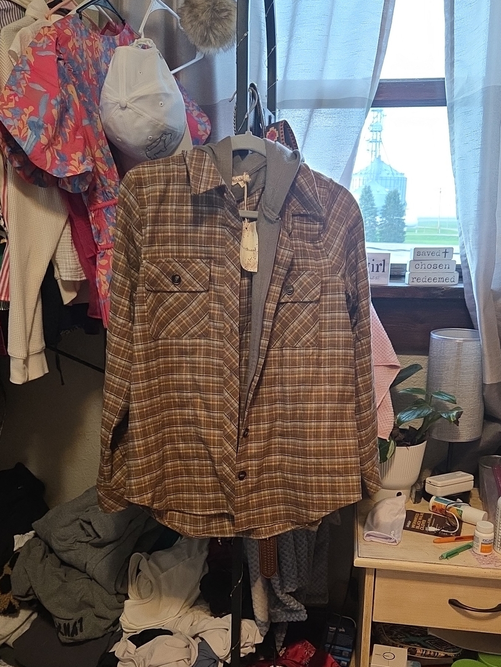 Hem & Thread Brown Plaid Utility Jacket with Gray Hood